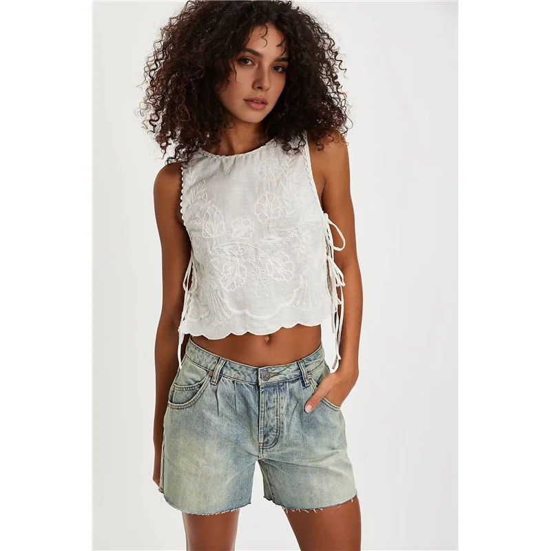 CYL-Tank Tops For Women Y2K Sleeveless Square Neck Tie Up Cropped Vest Summer Chic Going Out Blouse