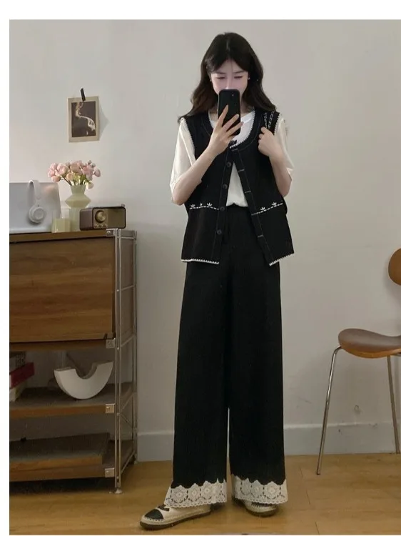 

Женский комплект из трех предметов больших размеров: ретро-топ с вышивкой, кружевные вставки, широкие брюки, летний новый стиль, высокая талия, короткие шорты