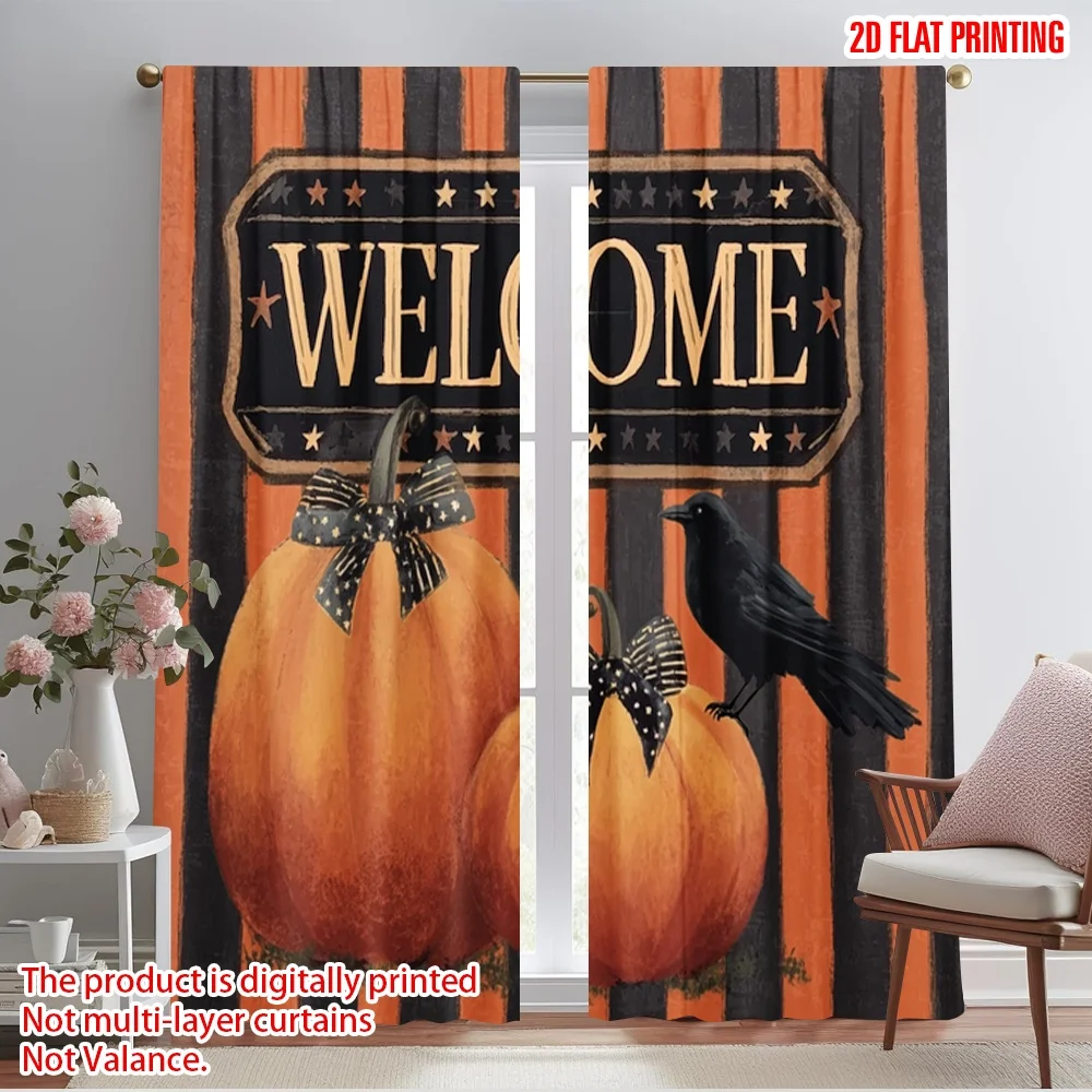 2pcs,2D plane printing Curtain Fabric Pumpkins Versatile Polyester (without rod) Decorations Outdoor for Bedroom & Living Room