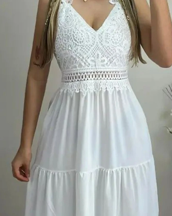 

Women's Beach Dress 2024 Spring/summer Latest Casual V-Neck Solid Color Simple Fashion Contrast Lace Vacation Smock Long Skirt