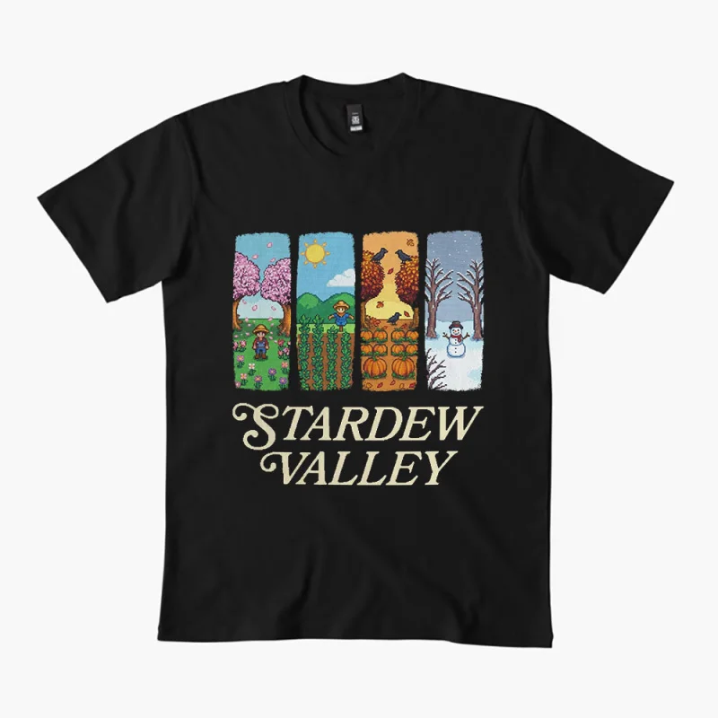 

0324 Stardew Valley Anime Gift t shirt Cartoon Video game Retro pixel Graphic Tee Pelican Town print Y2K clothes Large size Tops