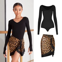 ZYM Latin Dance Clothes Girls Kids Long Sleeves Leotards Tops Leopard Skirt Cha Cha Rumba Dance Wear Competition Dress DNV21742