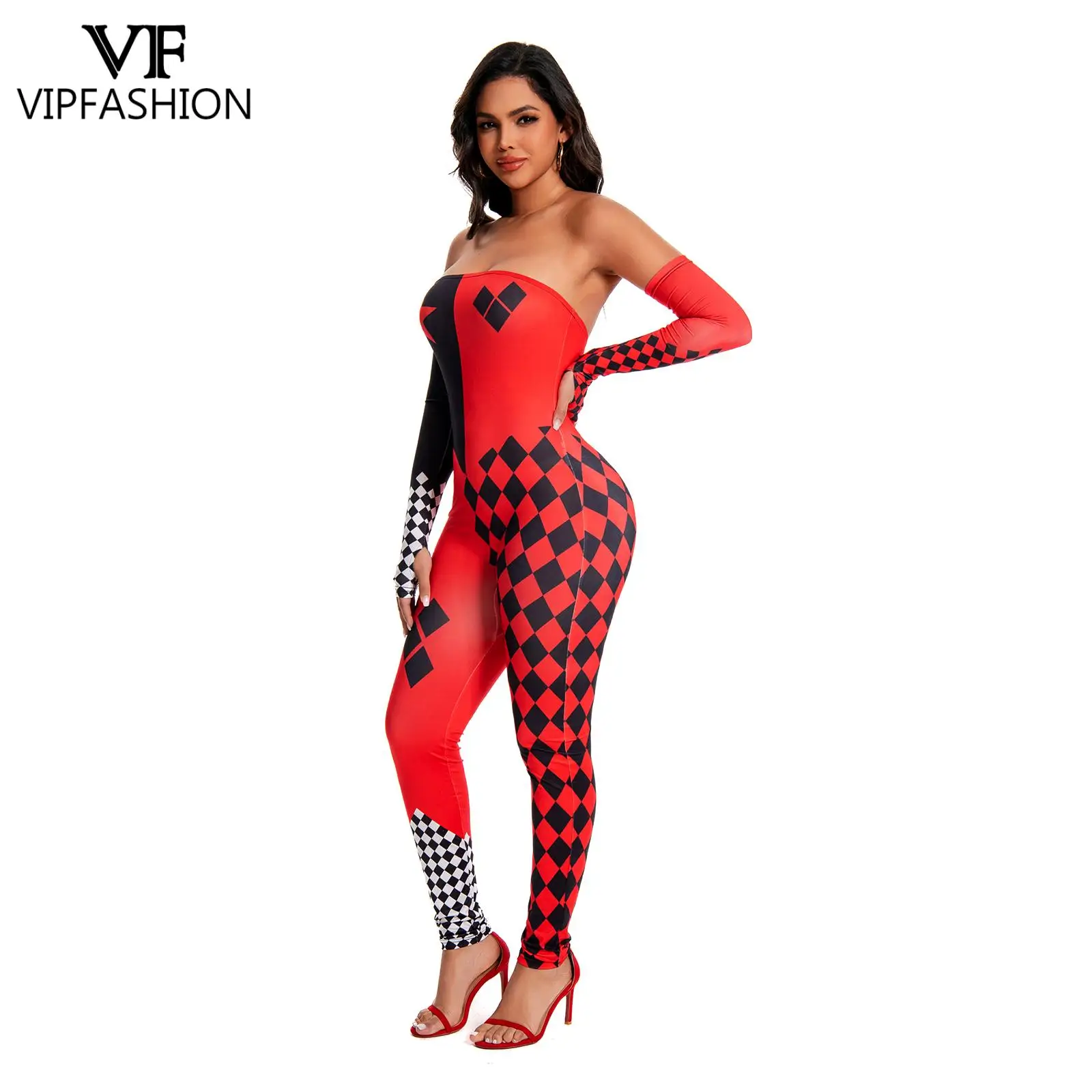 VIP FASHION Harley Q mouwloze jumpsuit met handschoenen 3D-print dames sexy romper backless skinny pak dame festival feestkleding