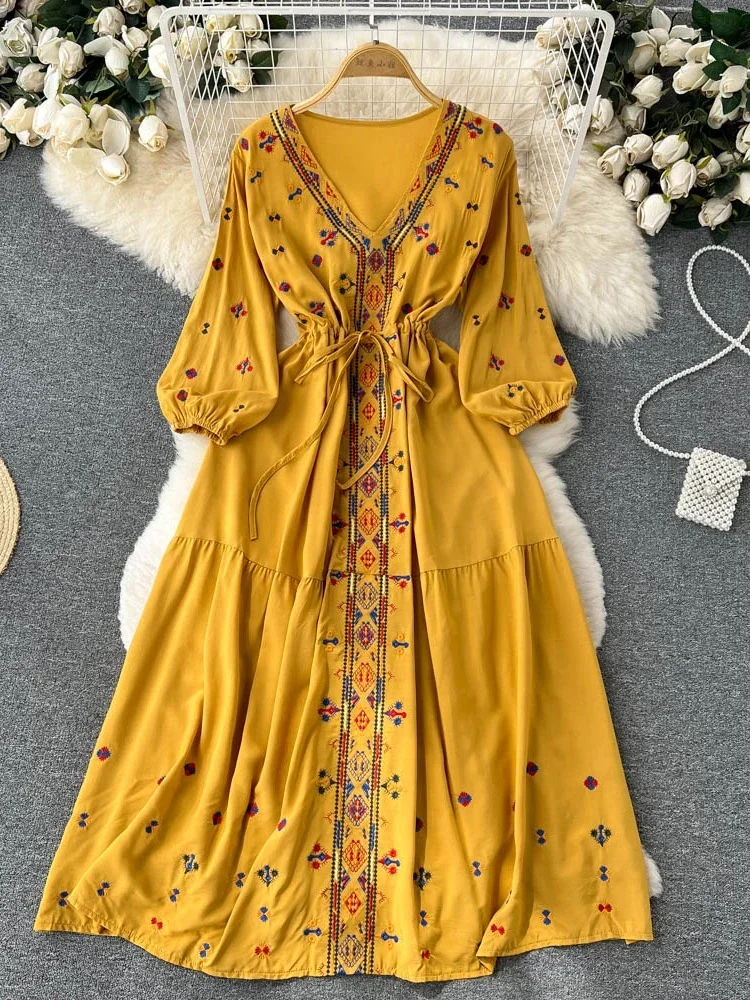 Spring Summer Ethnic Style Waist Slim Embroidery V-neck Dress Female Black Seaside Holiday Bohemian Vestidos Women D1491