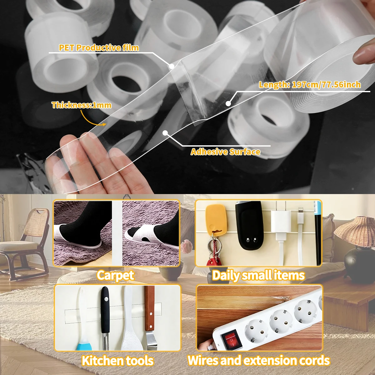 2Rolls Transparent Nano Double-Sided Tape Adhesion Temperature Resistant Fixing Non Marking Wall Fixing Bathroom Home Decoration