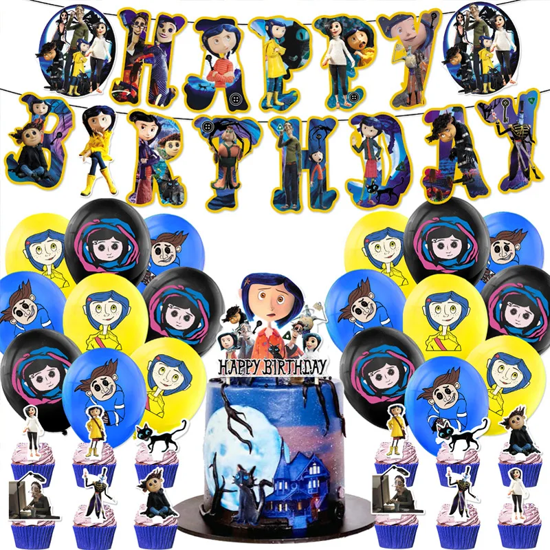 

Coraline Series Birthday Party Dinnerware Disposable Banner Cake Topper Hanging Flag Coraline Balloons Birthday Decoration