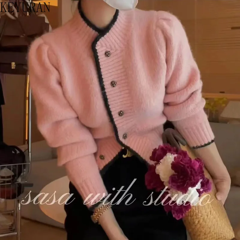 Pink Stand Collar Knitted Cardigan Sweater Women Spring Autumn New Korean Chic Single Breasted Puff Sleeve Short Coat Girls Tops