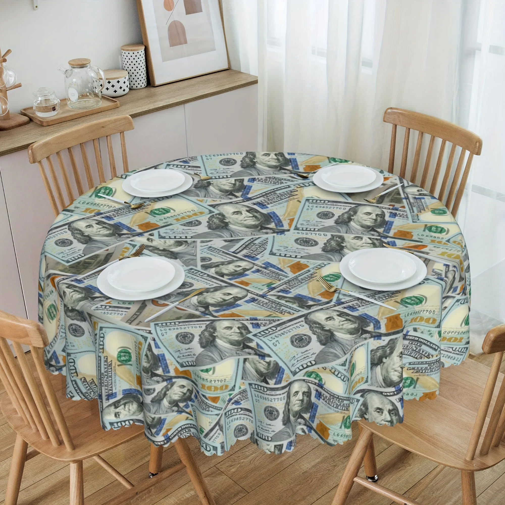 1pcs Dollar Banknote Printed Home Bedroom Living Room Kitchen Round Dustproof Tablecloth Outdoor Picnic Party Decoration Cloth