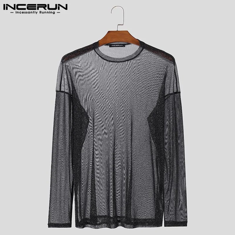 INCERUN Men T Shirt Mesh Transparent Shiny O-neck Long Sleeve Solid Sexy Camisetas Streetwear 2024 Party Fashion Men Clothing