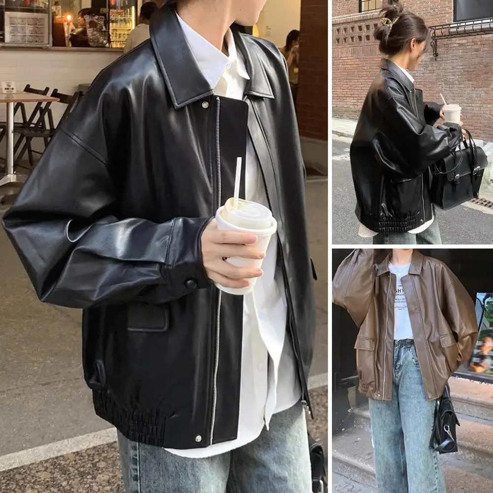 Artificial Leather Jacket Retro Motorcycle Coat with Smooth Faux Leather Surface Turn-down Collar Zip-up Long Sleeves for Women