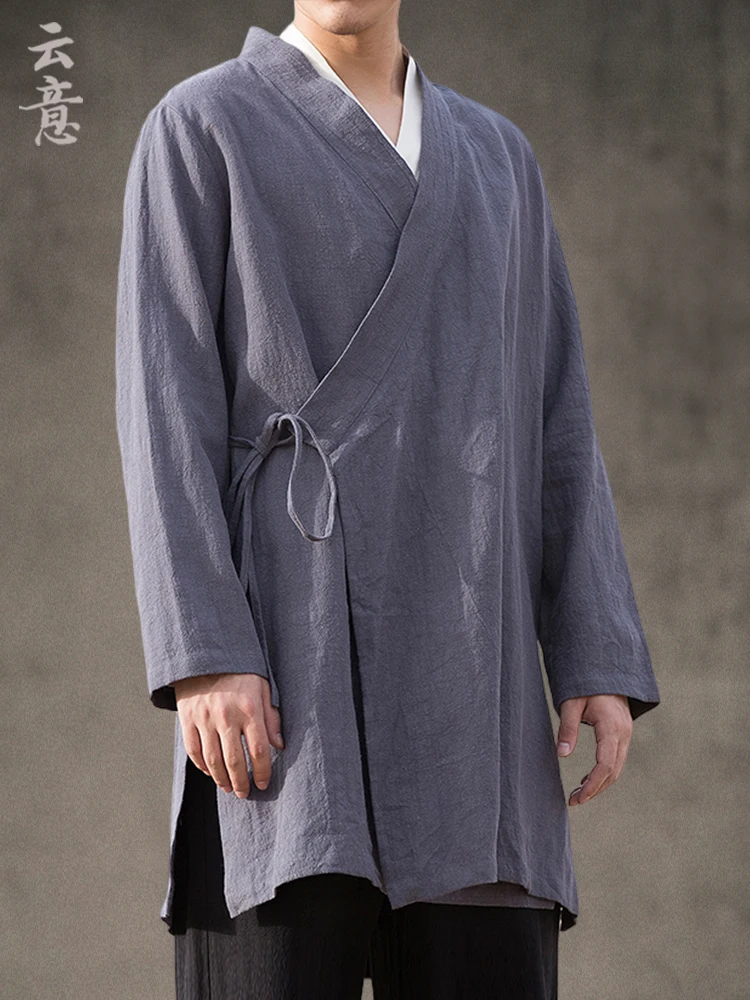

Осенний мужской хлопково-льняной ханьфу средней длины, асимметричный жакет, буддийская роба, даосский костюм, традиционная китайская одежда