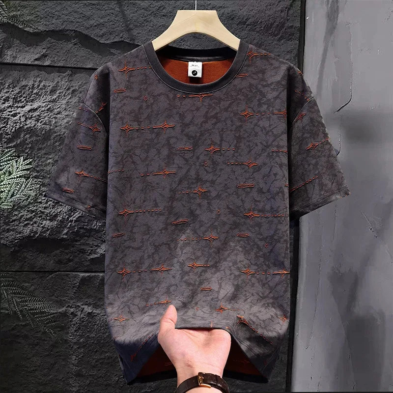 

Men's Round Neck Short Sleeved T-shirt with Holes, Casual, Loose, Fashionable, Trendy, Tie Dye Thin, Summer New Style