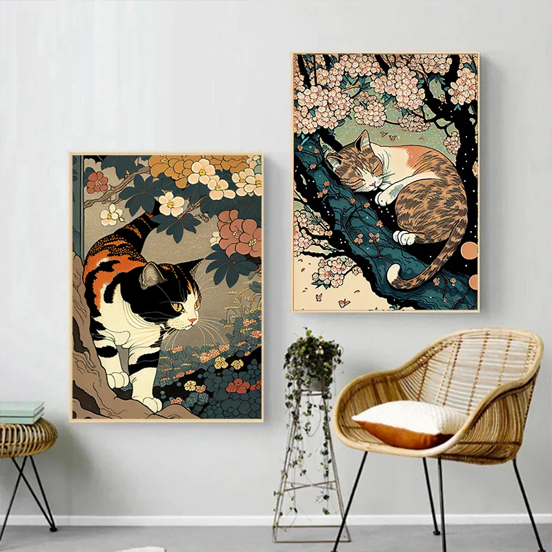 Frameless Vintage Japanese Ukiyo-e Style Sleeping Cat Posters Prints Animal Canvas Painting Wall Art Picture for Living Room Hom