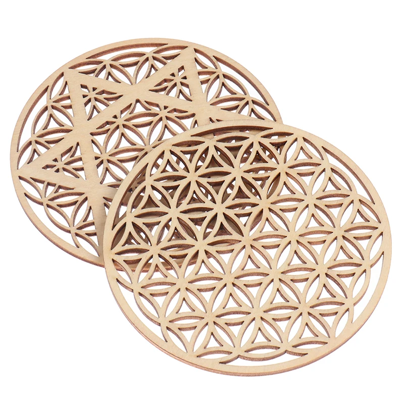 1PC Flower of Life Natural Symbol Wood Round Edge Circles Carved Coaster For Stone Crystal Set DIY Decor Mats Pads