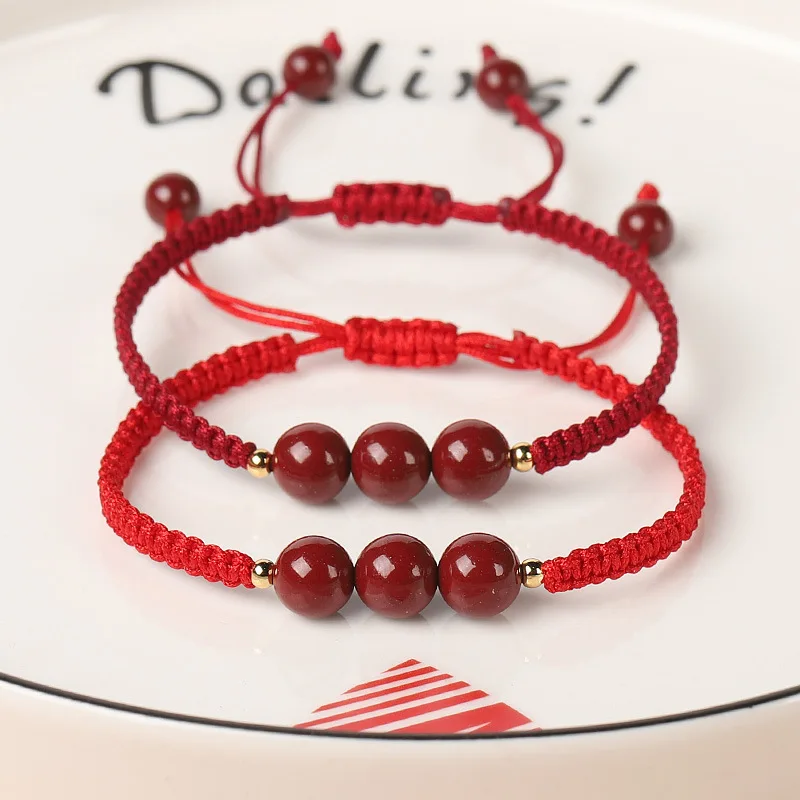 Raw Cinnabar Six-Syllable Mantra Red String Bracelet Zodiac Year Luck Transfer Beads Couple Hand Rope Braided Amulet