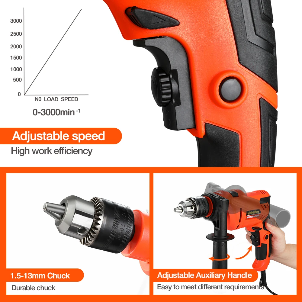 VALUEMAX 900W Electric Impact Drill Multi-function Adjustable Speed Wood Metal Stone Cutting Household Wall Hole Drilling Tools