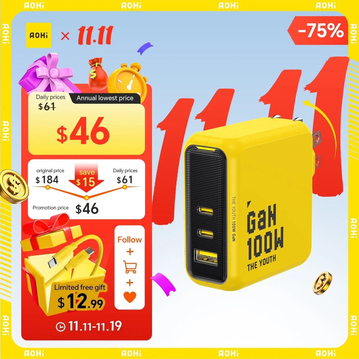 

AOHI Youth 100W GaN Charger for Macbook Laptop Tablet Fast Charging For iPhone Xiaomi PD3.1 USB Type C Charger For iPhone 16 15