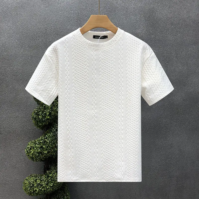 

Simplicity Trend Versatile Summer Men's Solid Color Round Neck Jacquard Weave Fashion Versatile Loose Short Sleeve T-Shirts Top