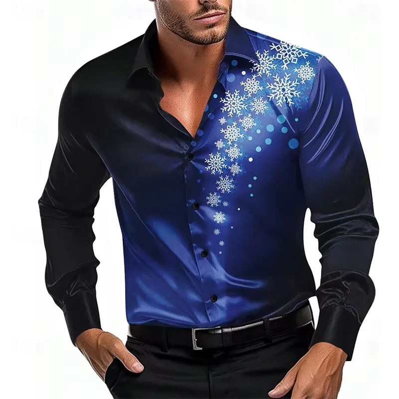 Christmas Theme Men's Christmas Scene Printed Shirts Snowflake Graphics Casual Button Up Long Sleeve shirts 3D Printed Thin Tops