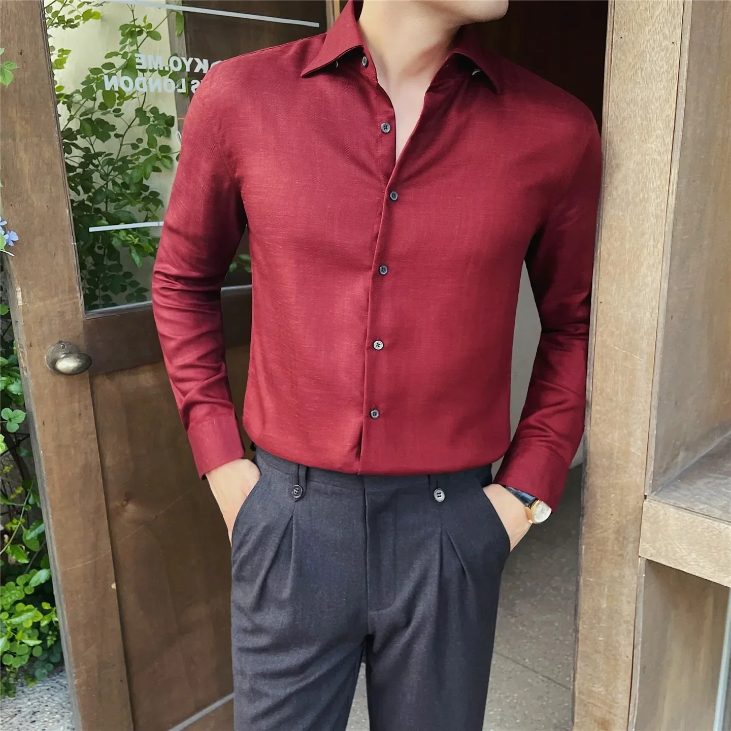 Men's Premium Shirt Business Casual Slim Fit Windsor Collar Long Sleeve Wrinkle-Resistant Dress Shirt