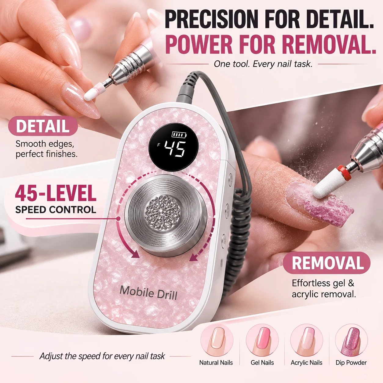 45,000 RPM Professional Nail Drill, Rechargeable Electric E-File with 45 Speed Levels, 2400mAh Battery, Copper Alloy Handpiece, 6 Drill Bits, 20 Sanding Bands & Toenail Bit for Acrylic Gel Nails and Nail Care