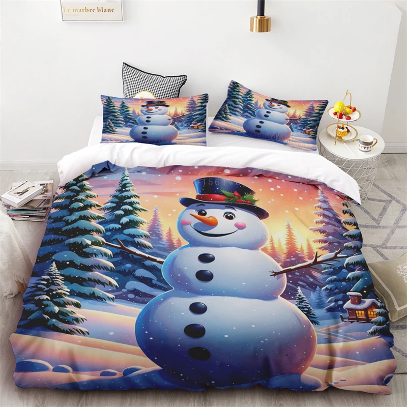 3pc Duvet Cover Christmas Snowman Snow Scene Microfiber Material Bedroom Living Room Holiday Decoration Three-piece Set Single