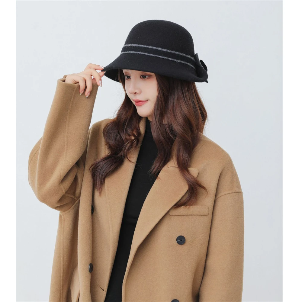 

Vintage Women Bucket Cap Solid Color Bow Felt Fedoras Hat Female Winter Autumn Ladies Dome Felt Wedding Church Jazz Caps Bowler