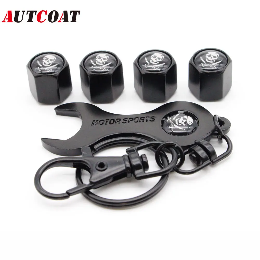 

4Pcs Skull Style Zinc Alloy Anti-theft Car Wheel Tire Valve Caps Stem Air+1Pcs Wrench Keychain Auto Car Accessories