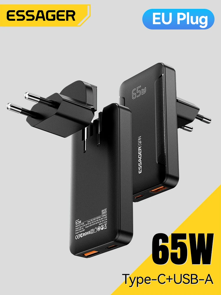 Essager Ultraflaches 65W GaN Pro Reiseladegerät Quick Charge 4.0 PD3.0 Tragbares Typ-C Ladegerät für iPhone 17 16 15 Samsung MacBook Laptop