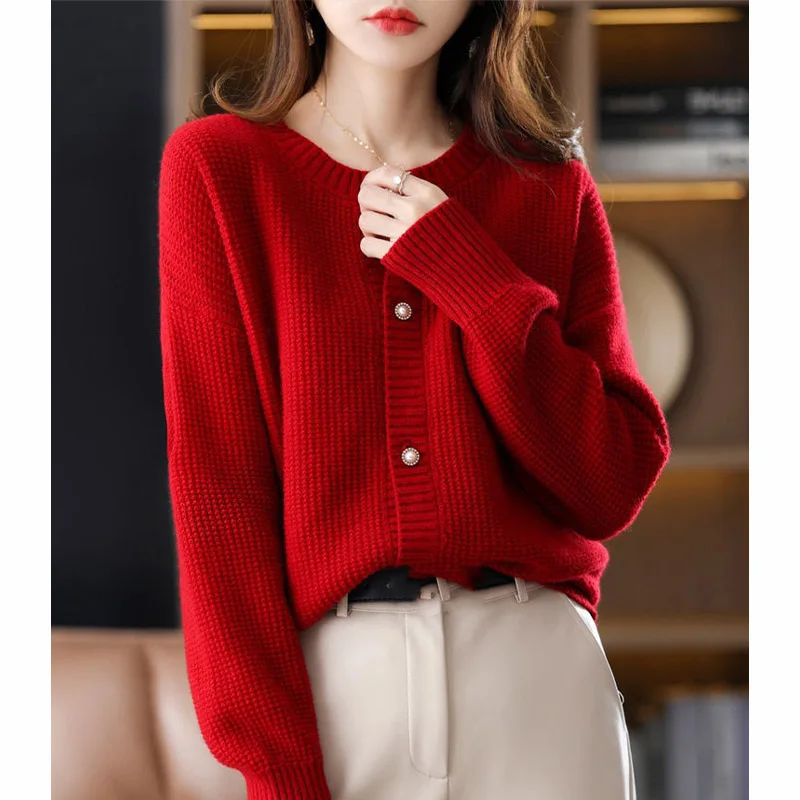 

Christmas Red Thickened Knitted Sweater Women's Casual Style round Neck Open Cardigan Autumn Winter Fashion Outerwear