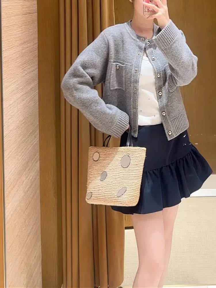 Versão sofisticada europeia Sle malha longa Sve redonda Ne ey Camere Cardigan aberto outono inverno feminino Faion Clas...