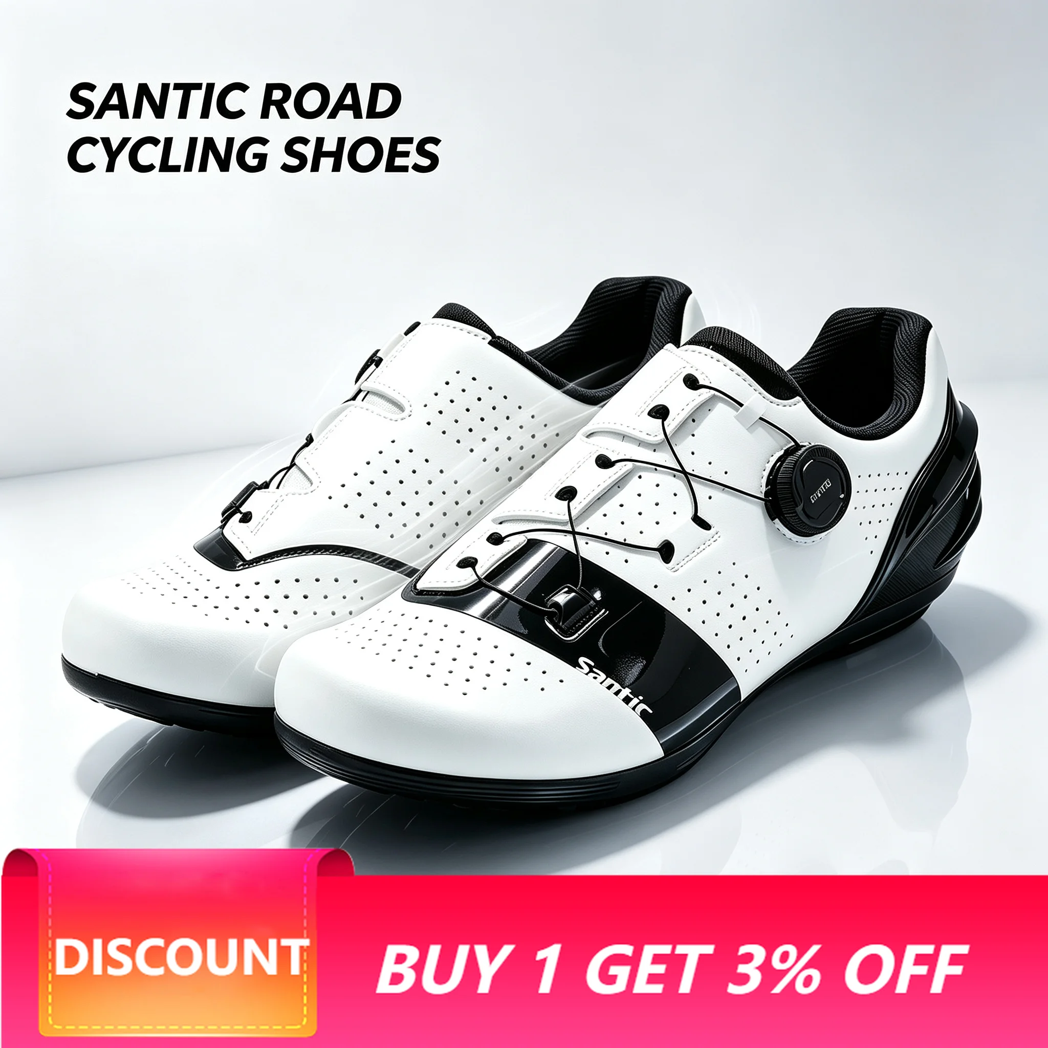Santic New Non-Lock Cycling Shoes Breathable Mesh Road Bike Footwear Rubber Sole White Unisex TZS26061