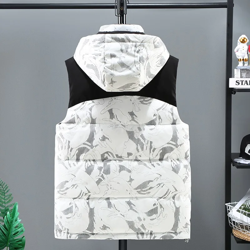 Outdoor Mens Trendy Stylish Vest Autumn Winter Down Cotton Waistcoat Fashionable Camouflage Warm Waistcoat Thickened Hooded Vest