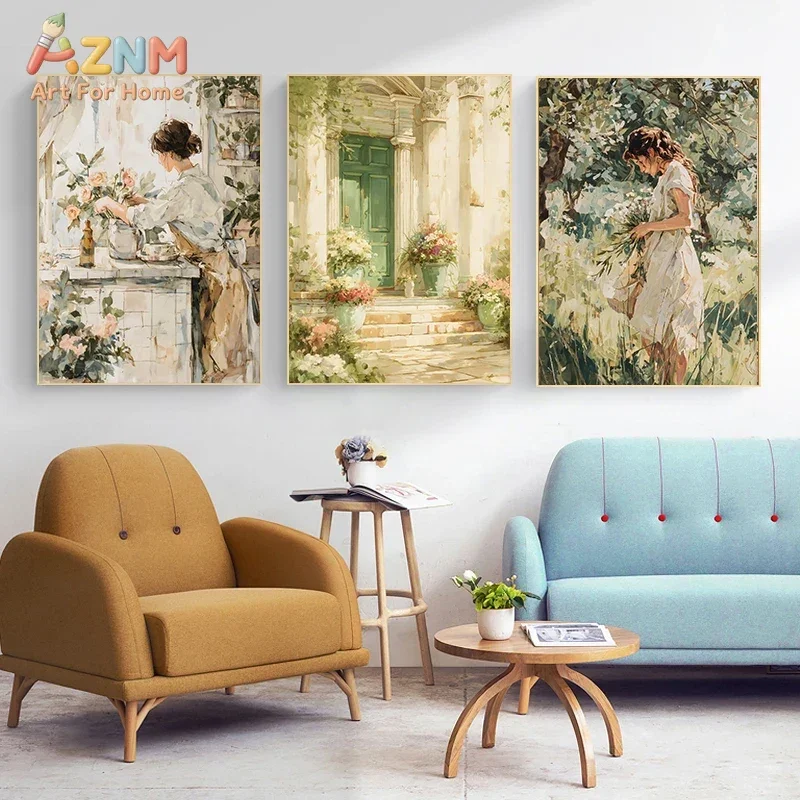 AZNM Vintage Garden Lady Swing Canvas Wall Art, Romantic Floral Oil Painting Print, Antique Country Landscape Poster, Frameless