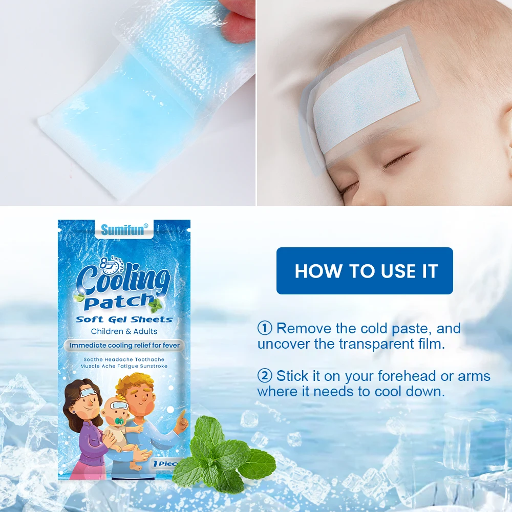 1-10bags Sumifun Fever Down Cooling Patch for Child Adult Low Temperature Ice Gel Pads Treat Headache Cold Heatstroke Sticker