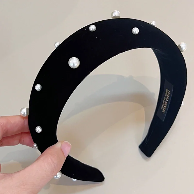 Women Black Velvet Simulated-pearl Hairband Wide Brim Puffy Headband Fashion Elegant Headwrap Hair Hoop Girls Hair Accessories