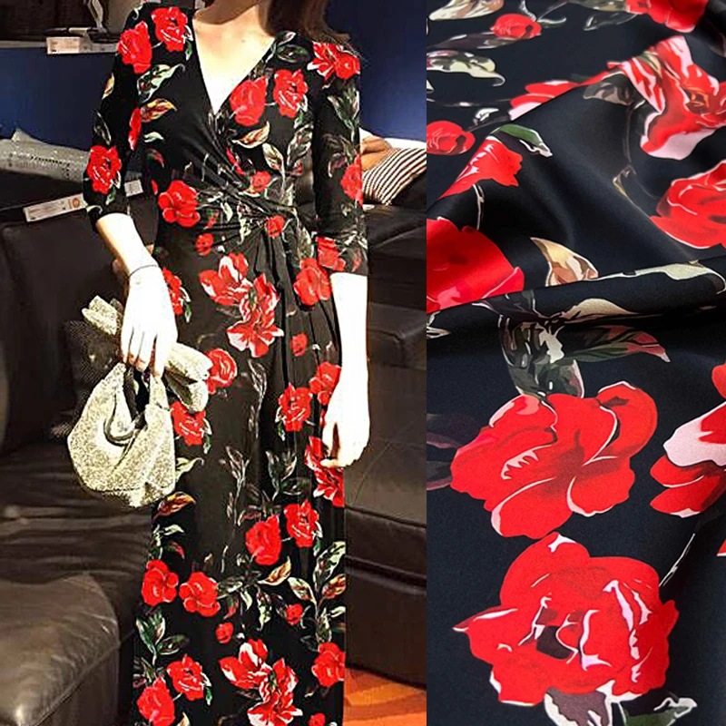 

Hot Red Floral Print on Black Stretch Twill Silk Fabric for Summer Soft Dress Shirt-Spandex Fabric, 140CM Wide 20MM Thick D1651