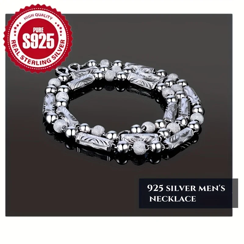 925 Sterling Silver Hexagonal Tube Bead Chain Necklace for Men, Hip Hop Bold Silver Link Necklace, Sturdy Fashion Jewelry for Daily Wear, Gift for Husband Boyfriend Christmas Wedding Anniversary, Comes with Elegant Gift Box