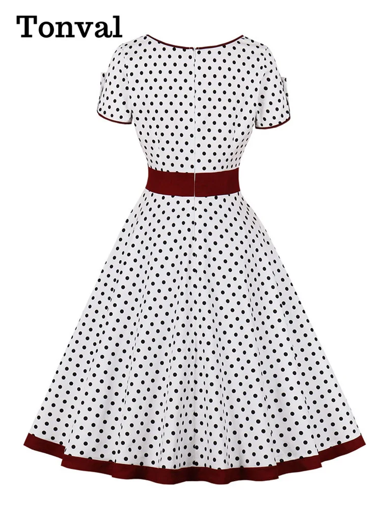 Tonval 95% Cotton Square Neck 50s Pinup Robe Polka Dot Vintage Dress Women High Waist A-Line Elegant Clothes Midi Dresses