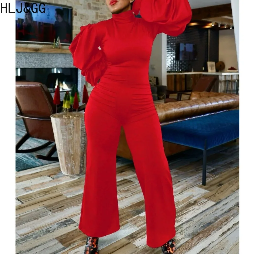 

HLJ&GG Casual Solid Ruched Lantern Sleeve Bodycon Jumpsuits Women Round Neck Long Sleeve Wide Leg Pants One Piece Playsuits 2024