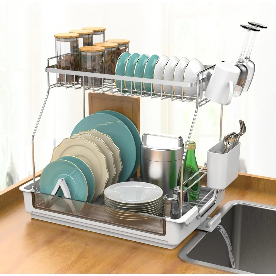 

Rustproof Dish Drying Rack 2 Tier Large Dish Rack 17.13 L x 13.2(W) x 15.35(H) Detachable Dish Drainer Organizer with Utensil H