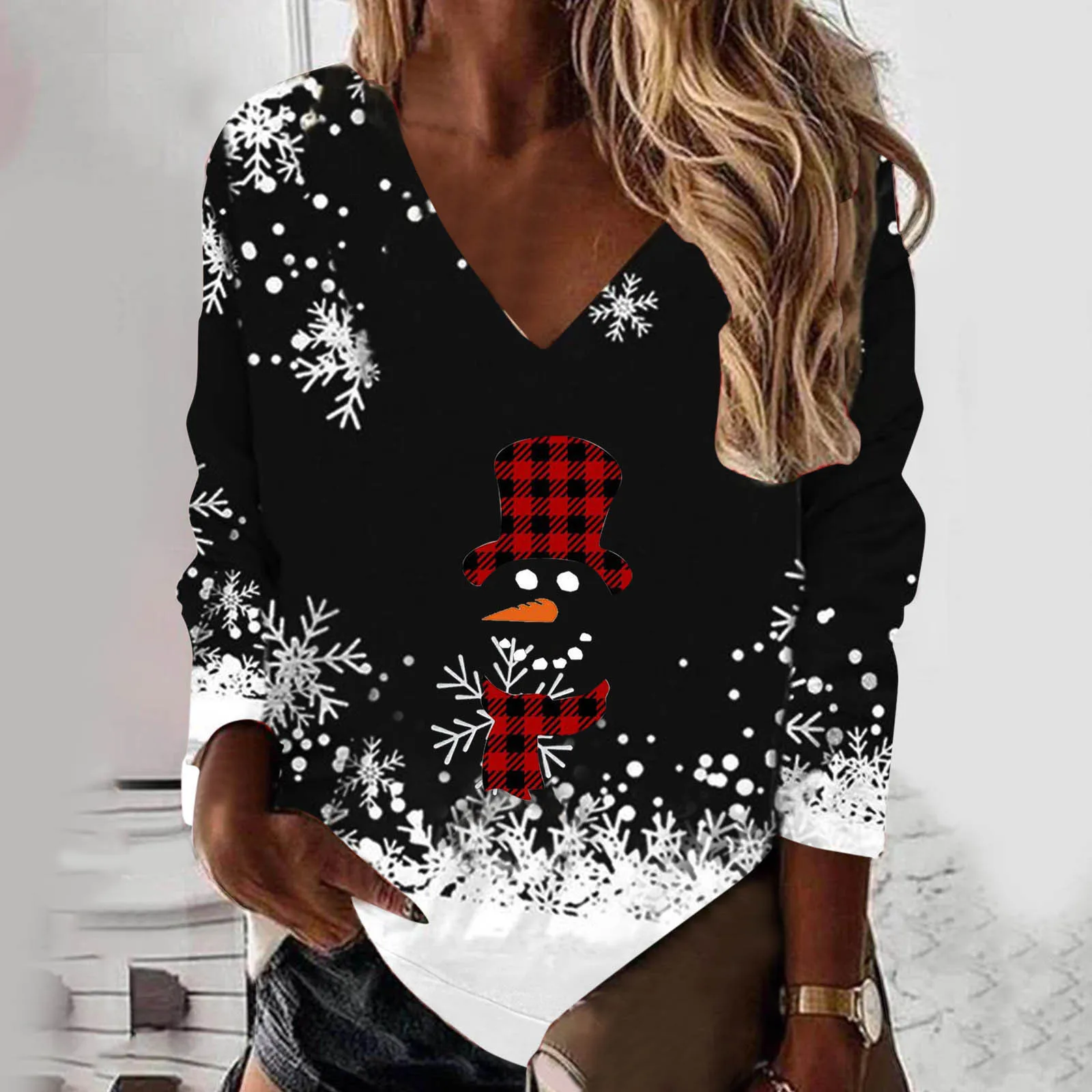 

Fashion Sweatshirt Youth Women Christmas Loose Sweatshirt Black Snowflake Deer Head Cup Print V Neck Cartoon Sweatshirt Top