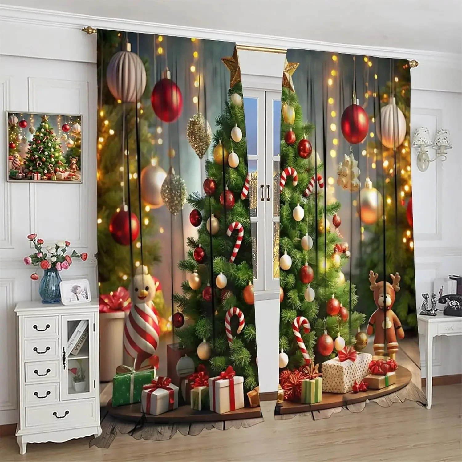 2PCS Digital Print Curtain, Christmas Tree with Candy Canes and Ornament Balls, Gifts and Lights, Gingerbread, for Bedroom Decor