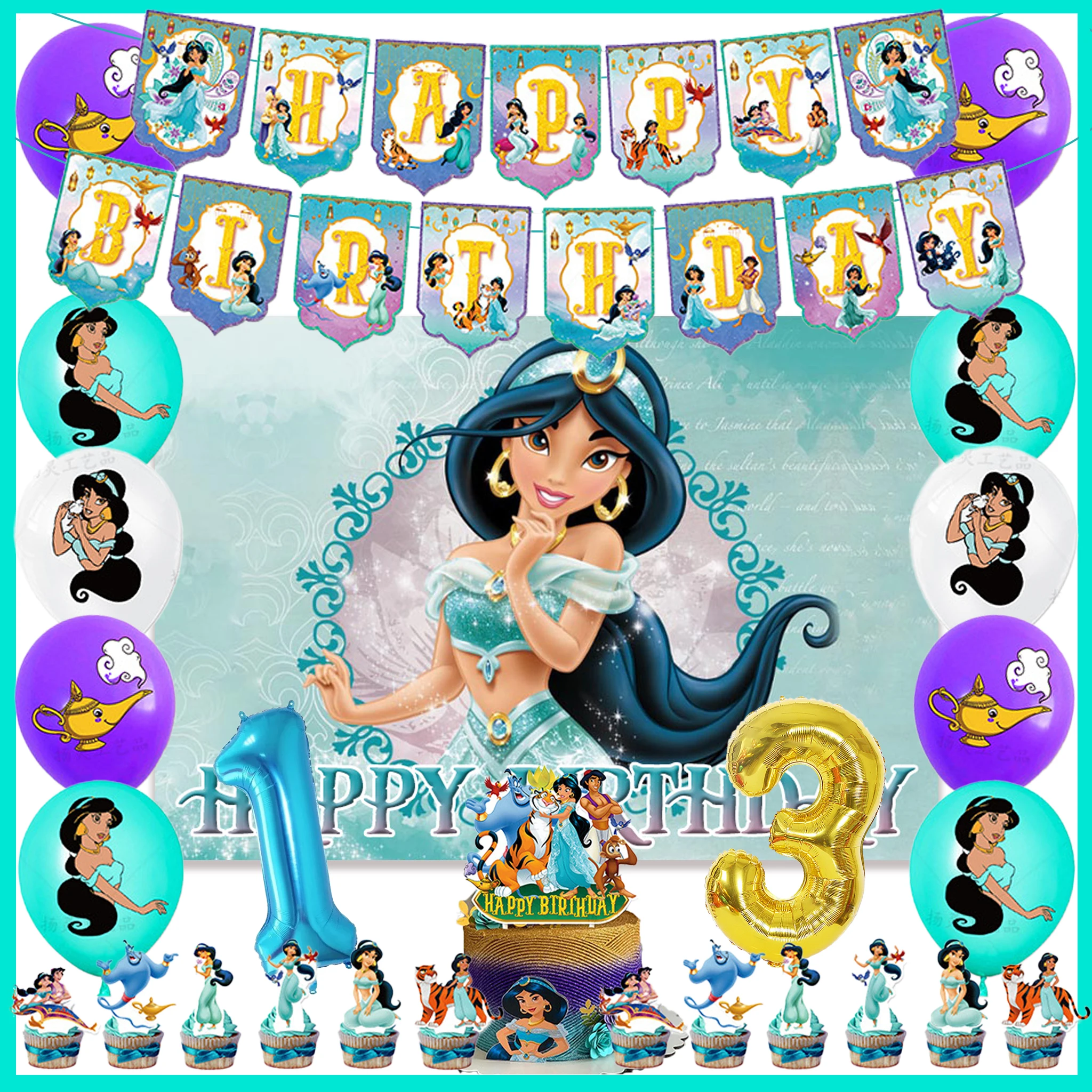 Image of Aladdin Cartoon-Thema Geburtstagsparty-Dekorationsset Jasmin Prinzessin Ballon-Hintergrund Banner Tortendekoration Mädchen-Zubehör Geschenke