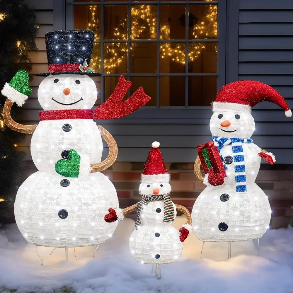 3-Piece Pre-lit Christmas Snowman Family, Twinkle Light Up Glowing Snowmen with White String Lights, Lighted Glitter Snowman