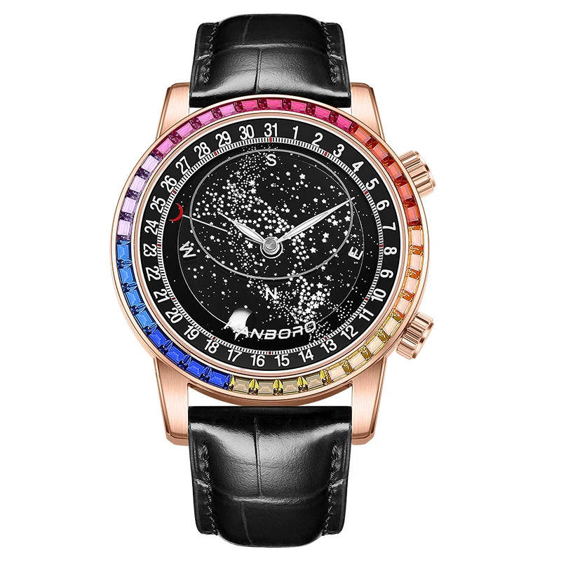 

HANBORO Men Automatic Watch 43mm Mechanical Wristwatch Waterproof Rotatable Starry Sky Second Dial, Moon Display Hangzhou 5100