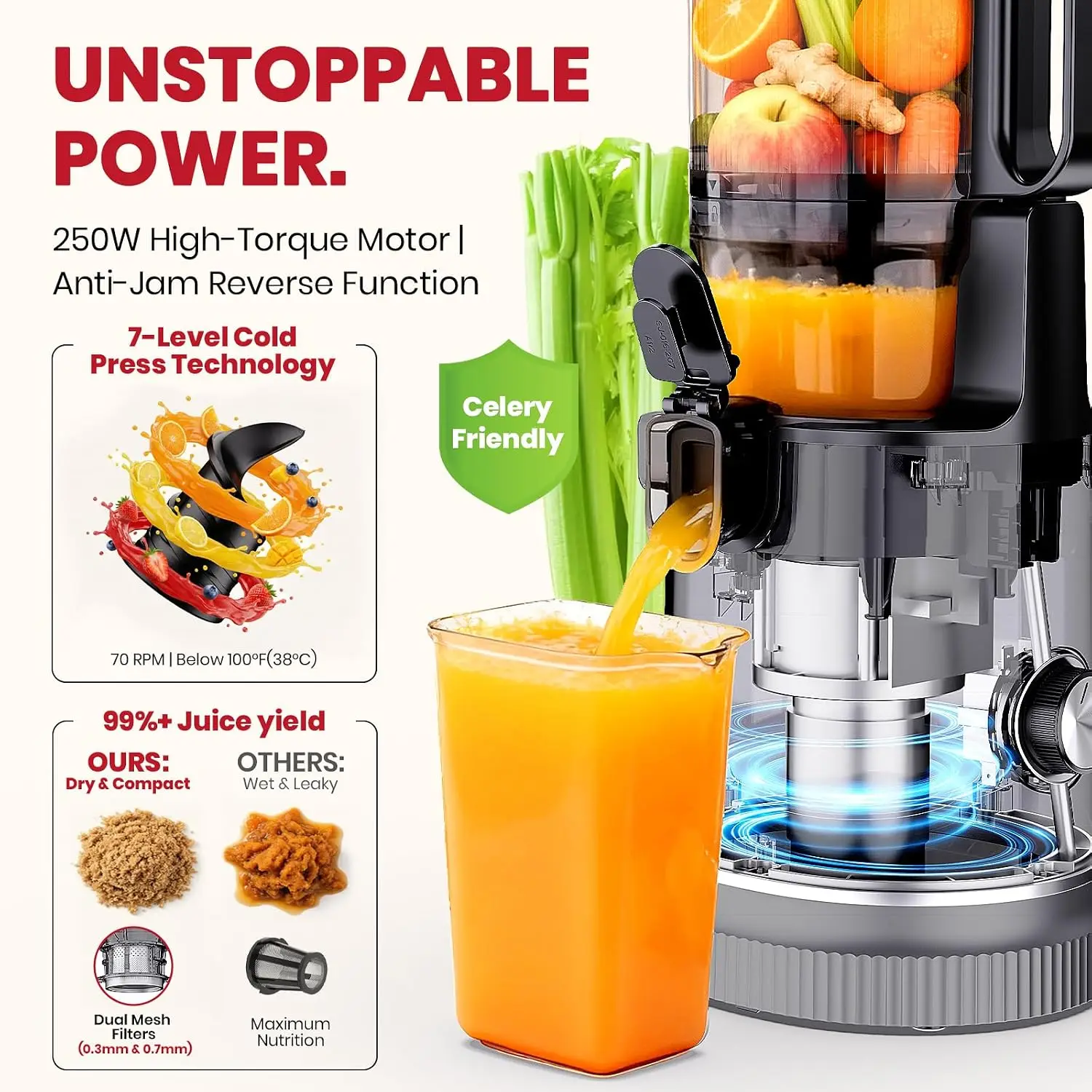 Cold Press Juicer Machine with 5.9 Inch Wide Feed Chute, 100oz Capacity Integrated Hopper and Strainer, BPA Free Easy Clean Slow Masticating Juicer for Whole Fruits and Vegetables