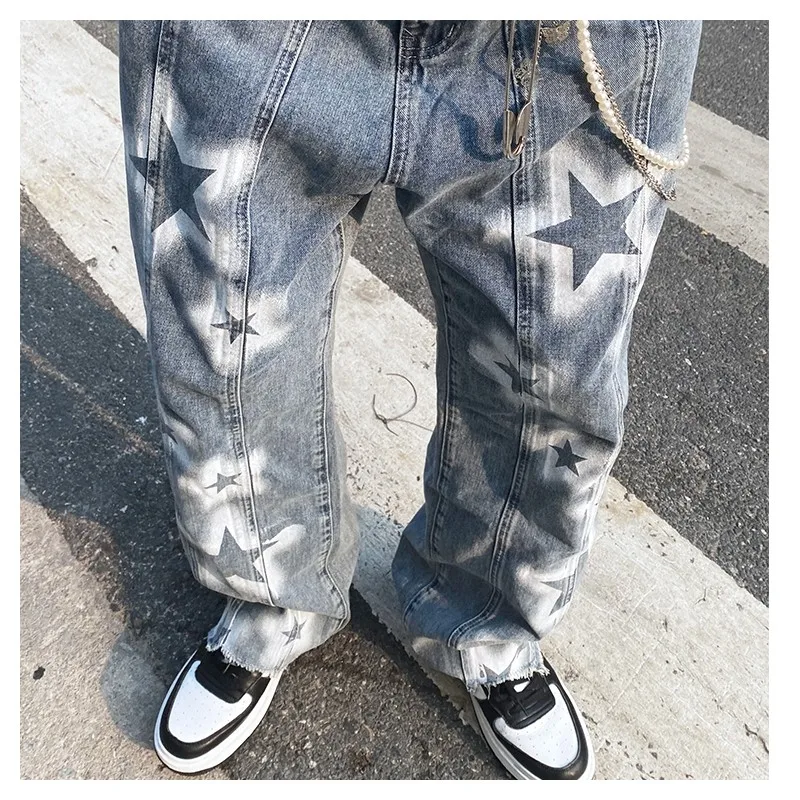 Jeans With Print Star Y2k Denim Trousers MEN FASHION Streetwear Baggy Man Pants Jean Vintage Trendyol Hip Hop Blue Men's