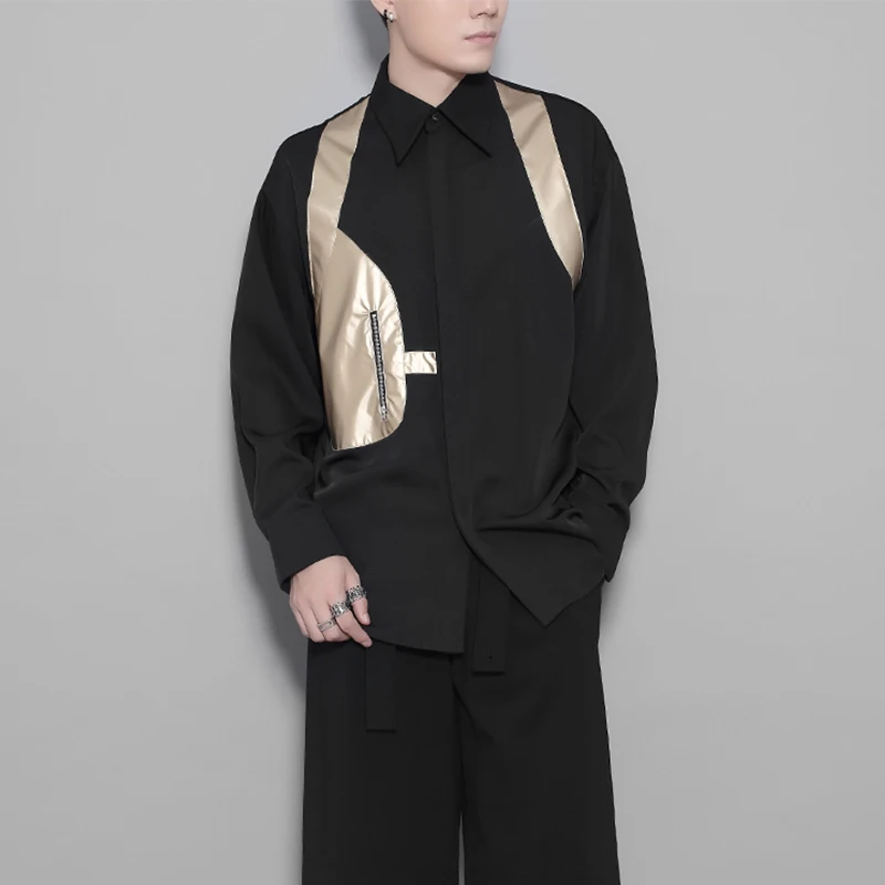 

Мужская модная рубашка оригинального дизайна, черное золото, цветная лоскутная рубашка с карманом на молнии и длинными рукавами, весенне-осенний уличный топ