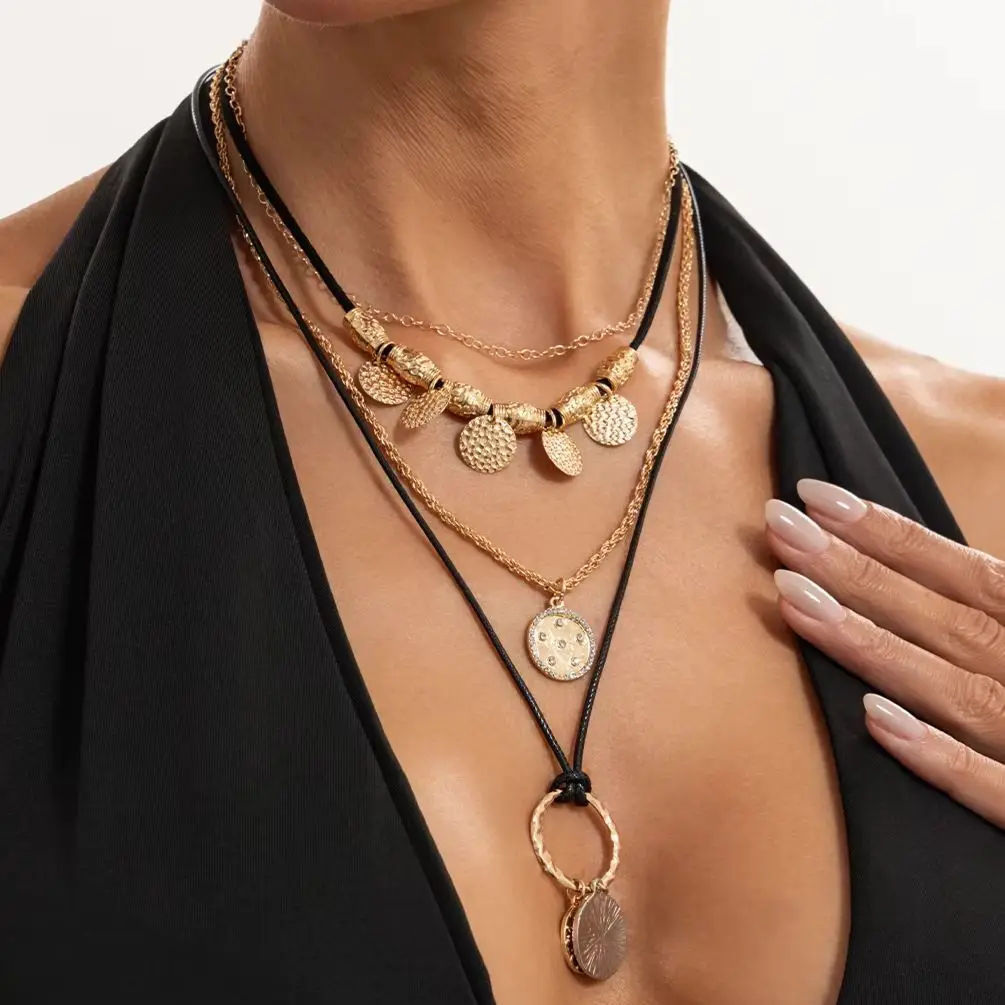 KunJoe 4Pcs/Set Vintage Gold Color Textured Coin Fringe Tiered Pendant Necklace Women Adjustable Wax Thread Copper Chain Jewelry